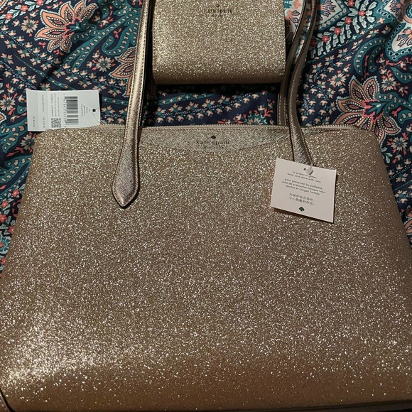 kate spade Handbags - NWT Kate Spade Rose Gold glitter fabric tote With matching wallet.
